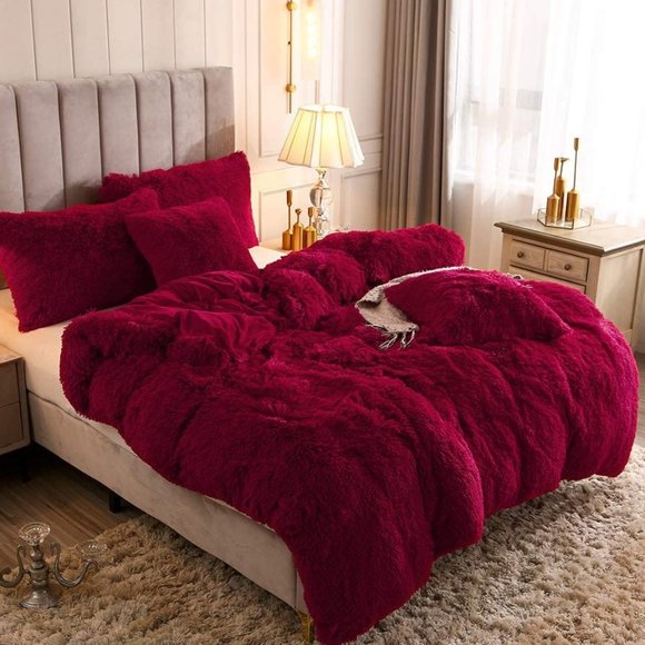 💗 Red Queen Faux Fur Comfy Plush Shaggy Duvet Cover Set Luxury Velvet w shams - Picture 4 of 7